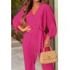 imagePRETTYGARDEN Womens Fall Jumpsuits Dressy Casual Pants Romper Spring Long Sleeve V Neck Belt Pockets One Piece OutfitsRose Red