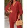 imagePRETTYGARDEN Womens Fall Jumpsuits Dressy Casual Pants Romper Spring Long Sleeve V Neck Belt Pockets One Piece OutfitsRust Red