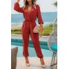 imagePRETTYGARDEN Womens Fall Jumpsuits Dressy Casual Pants Romper Spring Long Sleeve V Neck Belt Pockets One Piece OutfitsRust Red