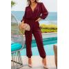 imagePRETTYGARDEN Womens Fall Jumpsuits Dressy Casual Pants Romper Spring Long Sleeve V Neck Belt Pockets One Piece OutfitsWine Red