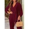 imagePRETTYGARDEN Womens Fall Jumpsuits Dressy Casual Pants Romper Spring Long Sleeve V Neck Belt Pockets One Piece OutfitsWine Red