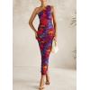 imagePRETTYGARDEN Womens One Shoulder Bodycon Dresses Summer 2025 Ruched Floral Beach Cocktail Wedding Guest DressNavy Red Flower
