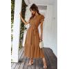 imagePRETTYGARDEN Womens Summer Floral Boho Maxi Dress Wrap Short Sleeve V Neck Ruffle ALine Flowy Wedding Guest Long DressesSolid Brown