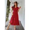 imagePRETTYGARDEN Womens Summer Floral Boho Maxi Dress Wrap Short Sleeve V Neck Ruffle ALine Flowy Wedding Guest Long DressesSolid Wine Red