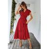imagePRETTYGARDEN Womens Summer Floral Boho Maxi Dress Wrap Short Sleeve V Neck Ruffle ALine Flowy Wedding Guest Long DressesSolid Wine Red