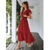 imagePRETTYGARDEN Womens Summer Floral Boho Maxi Dress Wrap Short Sleeve V Neck Ruffle ALine Flowy Wedding Guest Long DressesSolid Wine Red