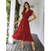 imagePRETTYGARDEN Womens Summer Floral Boho Maxi Dress Wrap Short Sleeve V Neck Ruffle ALine Flowy Wedding Guest Long DressesSolid Wine Red