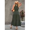 imagePRETTYGARDEN Womens Summer Floral Maxi Sun Dress Sleeveless Halter Neck Flowy Ruffle Hem Long Boho Dresses with BeltSolid Army Green