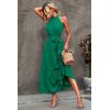 imagePRETTYGARDEN Womens Summer Floral Maxi Sun Dress Sleeveless Halter Neck Flowy Ruffle Hem Long Boho Dresses with BeltSolid Green