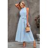 imagePRETTYGARDEN Womens Summer Floral Maxi Sun Dress Sleeveless Halter Neck Flowy Ruffle Hem Long Boho Dresses with BeltSolid Light Blue