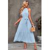 imagePRETTYGARDEN Womens Summer Floral Maxi Sun Dress Sleeveless Halter Neck Flowy Ruffle Hem Long Boho Dresses with BeltSolid Light Blue
