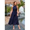 imagePRETTYGARDEN Womens Summer Floral Maxi Sun Dress Sleeveless Halter Neck Flowy Ruffle Hem Long Boho Dresses with BeltSolid Navy