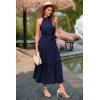 imagePRETTYGARDEN Womens Summer Floral Maxi Sun Dress Sleeveless Halter Neck Flowy Ruffle Hem Long Boho Dresses with BeltSolid Navy