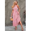 imagePRETTYGARDEN Womens Summer Floral Maxi Sun Dress Sleeveless Halter Neck Flowy Ruffle Hem Long Boho Dresses with BeltSolid Pink