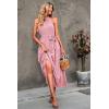 imagePRETTYGARDEN Womens Summer Floral Maxi Sun Dress Sleeveless Halter Neck Flowy Ruffle Hem Long Boho Dresses with BeltSolid Pink