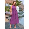 imagePRETTYGARDEN Womens Summer Floral Maxi Sun Dress Sleeveless Halter Neck Flowy Ruffle Hem Long Boho Dresses with BeltSolid Purple