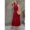imagePRETTYGARDEN Womens Summer Floral Maxi Sun Dress Sleeveless Halter Neck Flowy Ruffle Hem Long Boho Dresses with BeltSolid Wine Red