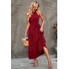 imagePRETTYGARDEN Womens Summer Floral Maxi Sun Dress Sleeveless Halter Neck Flowy Ruffle Hem Long Boho Dresses with BeltSolid Wine Red