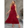 imagePRETTYGARDEN Womens Summer Floral Maxi Sun Dress Sleeveless Halter Neck Flowy Ruffle Hem Long Boho Dresses with BeltSolid Wine Red
