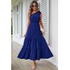 imagePRETTYGARDEN Womens Summer Floral One Shoulder Maxi Dress Knot Ruffle Boho Beach Vacation Wedding Guest Long DressesSolid Royal Blue