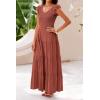 imagePRETTYGARDEN Womens Summer Flowy Maxi Dress Casual Cap Sleeve V Neck Smocked Beach SundressSolid Brick Red
