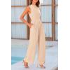 imagePRETTYGARDEN Womens Summer Jumpsuits Dressy Casual One Piece Outfits Sleeveless Mock Neck Wide Leg Pants Rompers with PocketsBeige