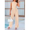 imagePRETTYGARDEN Womens Summer Jumpsuits Dressy Casual One Piece Outfits Sleeveless Mock Neck Wide Leg Pants Rompers with PocketsBeige