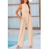 imagePRETTYGARDEN Womens Summer Jumpsuits Dressy Casual One Piece Outfits Sleeveless Mock Neck Wide Leg Pants Rompers with PocketsBeige
