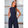 imagePRETTYGARDEN Womens Summer Jumpsuits Dressy Casual One Piece Outfits Sleeveless Mock Neck Wide Leg Pants Rompers with PocketsNavy