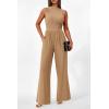 imagePRETTYGARDEN Womens Summer Jumpsuits Dressy Casual One Piece Outfits Sleeveless Mock Neck Wide Leg Pants Rompers with PocketsStyle2camel