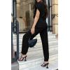 imagePRETTYGARDEN Womens Summer One Piece Jumpsuits Belted Short Sleeve Wrap V Neck Fashion Dressy Casual Wide Leg Pants RomperBlack