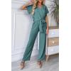 imagePRETTYGARDEN Womens Summer One Piece Jumpsuits Belted Short Sleeve Wrap V Neck Fashion Dressy Casual Wide Leg Pants RomperBlue Green