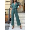 imagePRETTYGARDEN Womens Summer One Piece Jumpsuits Belted Short Sleeve Wrap V Neck Fashion Dressy Casual Wide Leg Pants RomperBlue Green