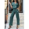 imagePRETTYGARDEN Womens Summer One Piece Jumpsuits Belted Short Sleeve Wrap V Neck Fashion Dressy Casual Wide Leg Pants RomperBlue Green