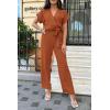 imagePRETTYGARDEN Womens Summer One Piece Jumpsuits Belted Short Sleeve Wrap V Neck Fashion Dressy Casual Wide Leg Pants RomperCaramel