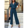 imagePRETTYGARDEN Womens Summer One Piece Jumpsuits Belted Short Sleeve Wrap V Neck Fashion Dressy Casual Wide Leg Pants RomperDark Blue