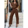 imagePRETTYGARDEN Womens Summer One Piece Jumpsuits Belted Short Sleeve Wrap V Neck Fashion Dressy Casual Wide Leg Pants RomperDark Brown