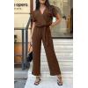 imagePRETTYGARDEN Womens Summer One Piece Jumpsuits Belted Short Sleeve Wrap V Neck Fashion Dressy Casual Wide Leg Pants RomperDark Brown