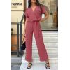 imagePRETTYGARDEN Womens Summer One Piece Jumpsuits Belted Short Sleeve Wrap V Neck Fashion Dressy Casual Wide Leg Pants RomperDark Pink