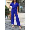 imagePRETTYGARDEN Womens Summer One Piece Jumpsuits Belted Short Sleeve Wrap V Neck Fashion Dressy Casual Wide Leg Pants RomperDark Royal Blue