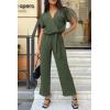 imagePRETTYGARDEN Womens Summer One Piece Jumpsuits Belted Short Sleeve Wrap V Neck Fashion Dressy Casual Wide Leg Pants RomperLight Army Green