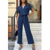 imagePRETTYGARDEN Womens Summer One Piece Jumpsuits Belted Short Sleeve Wrap V Neck Fashion Dressy Casual Wide Leg Pants RomperNavy