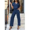 imagePRETTYGARDEN Womens Summer One Piece Jumpsuits Belted Short Sleeve Wrap V Neck Fashion Dressy Casual Wide Leg Pants RomperNavy
