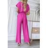 imagePRETTYGARDEN Womens Summer One Piece Jumpsuits Belted Short Sleeve Wrap V Neck Fashion Dressy Casual Wide Leg Pants RomperRose Red