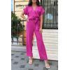 imagePRETTYGARDEN Womens Summer One Piece Jumpsuits Belted Short Sleeve Wrap V Neck Fashion Dressy Casual Wide Leg Pants RomperRose Red