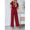 imagePRETTYGARDEN Womens Summer One Piece Jumpsuits Belted Short Sleeve Wrap V Neck Fashion Dressy Casual Wide Leg Pants RomperWine Red