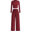 imagePRETTYGARDEN Womens 2 Piece Sets 2025 Fall Long Sleeve Crop Tops Wide Leg Pants Matching Outfit Tracksuits Fashion ClothingWine Red
