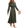imagePRETTYGARDEN Womens 2025 Spring Fall Midi Dress Casual Long Sleeve V Neck Swiss Dot Pleated A Line Flowy DressesArmy Green