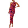 imagePRETTYGARDEN Womens One Shoulder Bodycon Dresses Summer 2025 Ruched Floral Beach Cocktail Wedding Guest DressPurple Orange