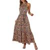 imagePRETTYGARDEN Womens Summer Floral Maxi Sun Dress Sleeveless Halter Neck Flowy Ruffle Hem Long Boho Dresses with BeltFloral Royal Blue